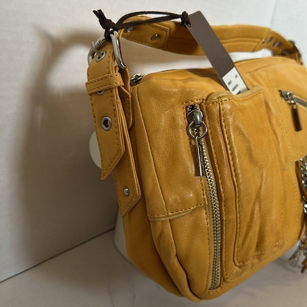 Junior Drake Blush Leather Shoulder Bag Fringe & ChainS mustard yellow NWT - Picture 6 of 16